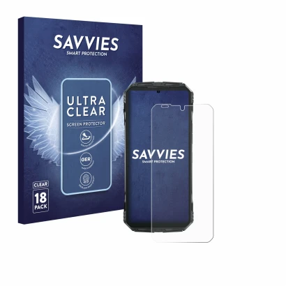Front side of a product packaging with the brand logo Savvies. Next to it is the device Doogee S Punk shown with the correspon