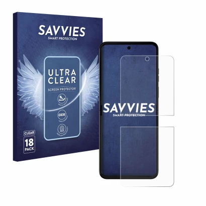 Front side of a product packaging with the brand logo Savvies. Next to it is the device Motorola Razr 50 Ultra shown with the 