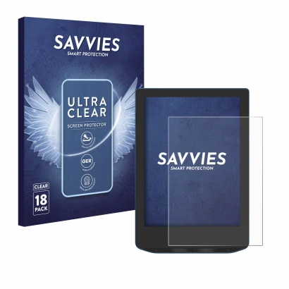 Front side of a product packaging with the brand logo Savvies. Next to it is the device PocketBook Verse Pro Color shown with 