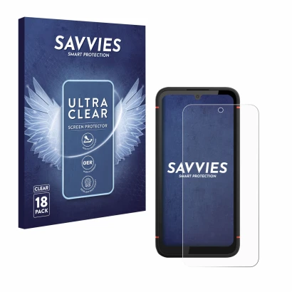 Front side of a product packaging with the brand logo Savvies. Next to it is the device Gigaset GX4 Pro shown with the corresp
