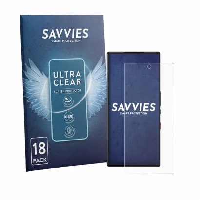Front side of a product packaging with the brand logo Savvies. Next to it is the device ZTE Nubia Red Magic 9S Pro shown with 