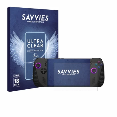 Front side of a product packaging with the brand logo Savvies. Next to it is the device ASUS ROG Ally X (2024) shown with the 