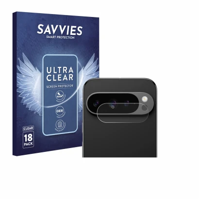 Front side of a product packaging with the brand logo Savvies. Next to it is the device Google Pixel 9 Pro (ONLY Camera Lens) 