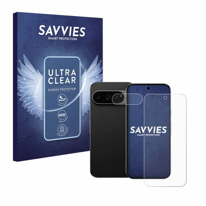 Front side of a product packaging with the brand logo Savvies. Next to it is the device Google Pixel 9 Pro XL (Front+Camera) s