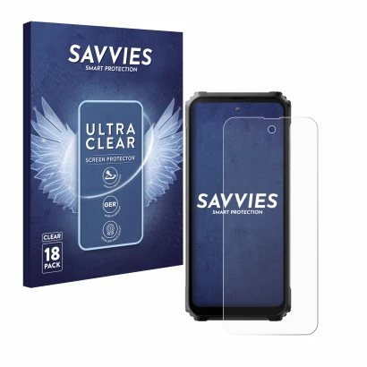 Front side of a product packaging with the brand logo Savvies. Next to it is the device Blackview BL9000 Pro shown with the co