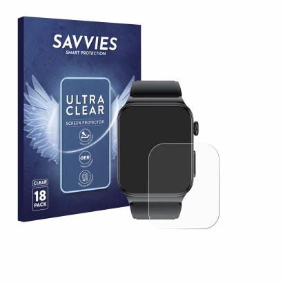 Front side of a product packaging with the brand logo Savvies. Next to it is the device andoer Smartwatch 1.85" shown with the