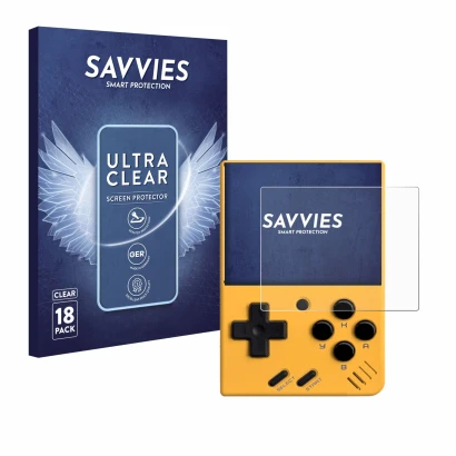Front side of a product packaging with the brand logo Savvies. Next to it is the device Miyoo Mini V4 shown with the correspon