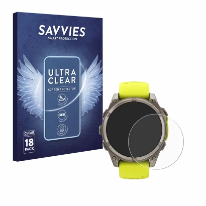 Front side of a product packaging with the brand logo Savvies. Next to it is the device Garmin Fenix 8 Solar (47 mm) shown wit