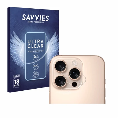 Front side of a product packaging with the brand logo Savvies. Next to it is the device Apple iPhone 16 Pro (ONLY Camera Lens)