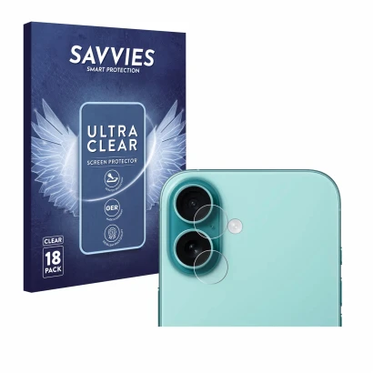 Front side of a product packaging with the brand logo Savvies. Next to it is the device Apple iPhone 16 Plus (ONLY Camera Lens