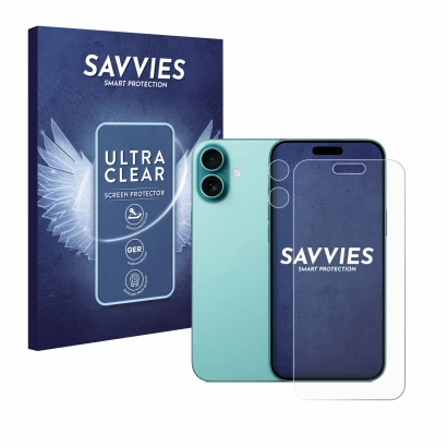 Front side of a product packaging with the brand logo Savvies. Next to it is the device Apple iPhone 16 Plus (Front+Camera) sh