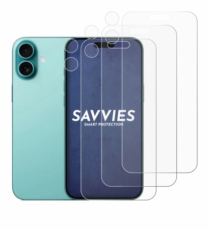 Image of the device Apple iPhone 16 Plus (Front+Camera) with a wide variety of screen protectors.