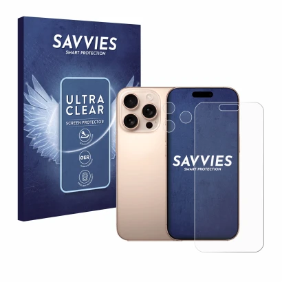 Front side of a product packaging with the brand logo Savvies. Next to it is the device Apple iPhone 16 Pro Max (Front+Camera)