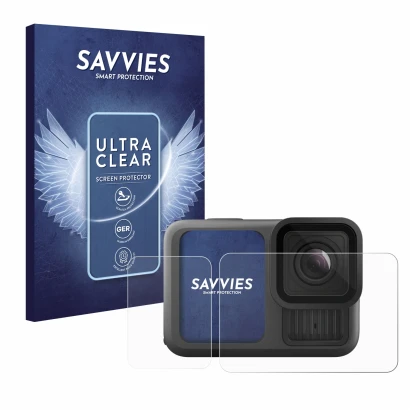 Front side of a product packaging with the brand logo Savvies. Next to it is the device GoPro Hero 13 Black shown with the cor