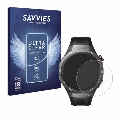 Front side of a product packaging with the brand logo Savvies. Next to it is the device Huawei Watch GT 5 Pro (46 mm) shown wi