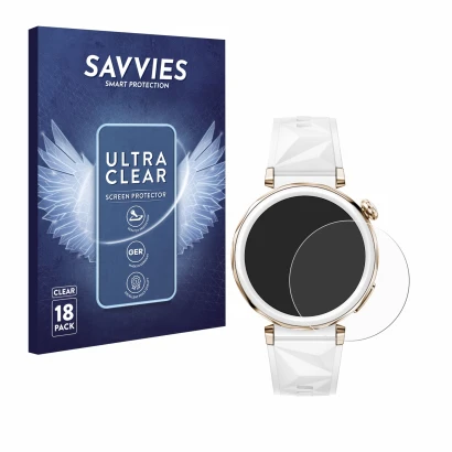 Front side of a product packaging with the brand logo Savvies. Next to it is the device Huawei Watch GT 5 Pro (42 mm) shown wi