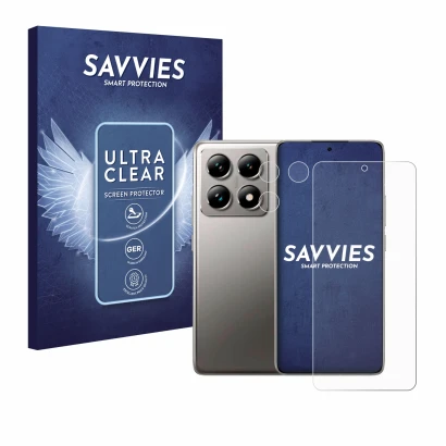 Front side of a product packaging with the brand logo Savvies. Next to it is the device Xiaomi 14T (Front+Camera) shown with t