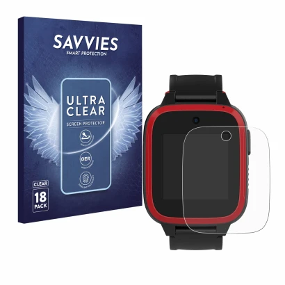 Front side of a product packaging with the brand logo Savvies. Next to it is the device Xplora Let's Go shown with the corresp