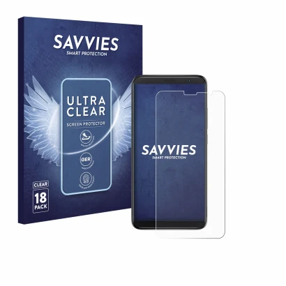 Front side of a product packaging with the brand logo Savvies. Next to it is the device TCL 403 shown with the corresponding s