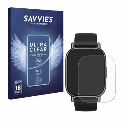 Front side of a product packaging with the brand logo Savvies. Next to it is the device Xiaomi Redmi Watch 5 Lite shown with t