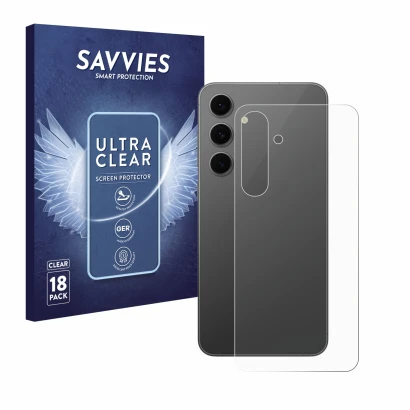 Front side of a product packaging with the brand logo Savvies. Next to it is the device Samsung Galaxy S24 FE (Back) shown wit