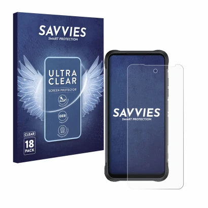Front side of a product packaging with the brand logo Savvies. Next to it is the device GlobeXplorer GPX Pro 4 shown with the 