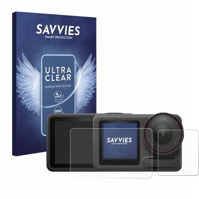 Front side of a product packaging with the brand logo Savvies. Next to it is the device DJI Osmo Action 5 Pro (case-friendly) 