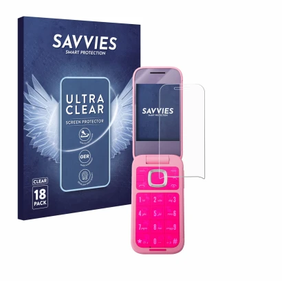 Front side of a product packaging with the brand logo Savvies. Next to it is the device HMD Barbie Phone shown with the corres