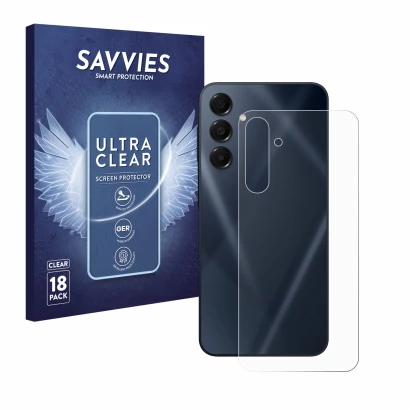 Front side of a product packaging with the brand logo Savvies. Next to it is the device Samsung Galaxy A16 5G (Back) shown wit