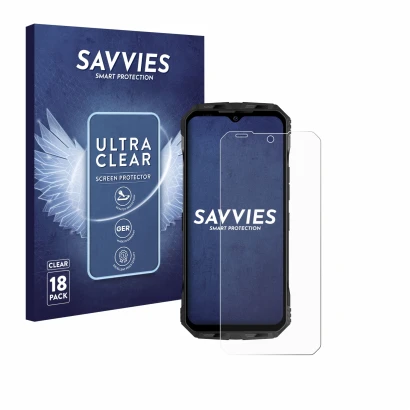 Front side of a product packaging with the brand logo Savvies. Next to it is the device Doogee V Max Plus shown with the corre