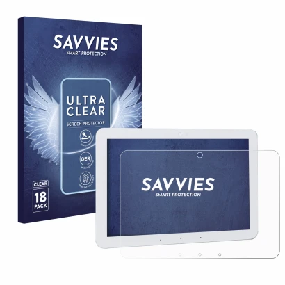 Front side of a product packaging with the brand logo Savvies. Next to it is the device Amazon Echo Hub 8" shown with the corr