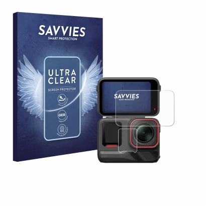 Front side of a product packaging with the brand logo Savvies. Next to it is the device Insta360 Ace Pro 2 shown with the corr