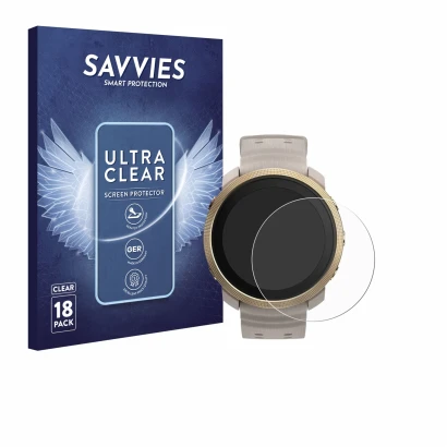 Front side of a product packaging with the brand logo Savvies. Next to it is the device Polar Vantage M3 shown with the corres