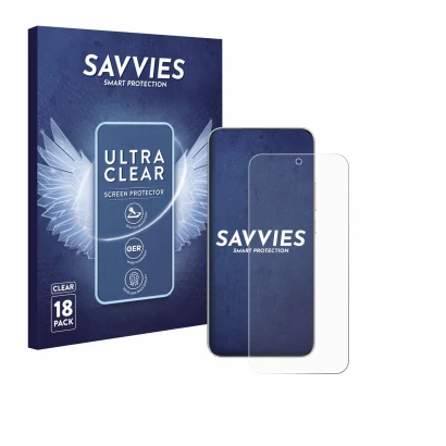 Front side of a product packaging with the brand logo Savvies. Next to it is the device Honor Magic 7 shown with the correspon