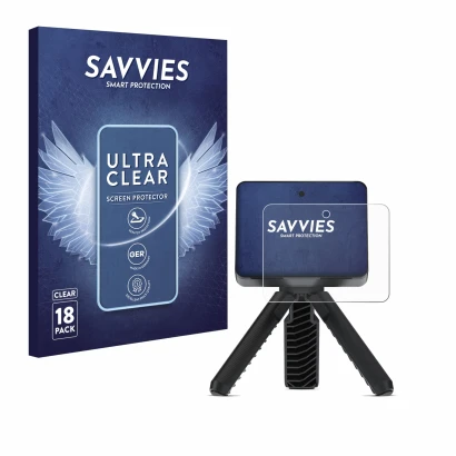 Front side of a product packaging with the brand logo Savvies. Next to it is the device Garmin Approach R10 shown with the cor