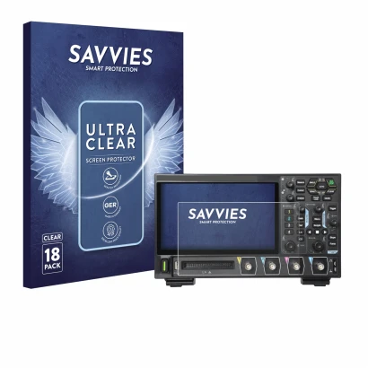 Front side of a product packaging with the brand logo Savvies. Next to it is the device Rigol DHO914 shown with the correspond