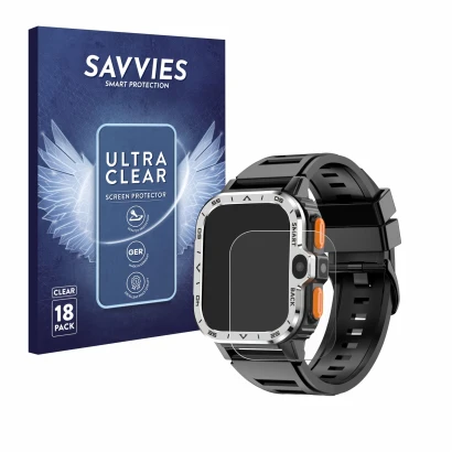 Front side of a product packaging with the brand logo Savvies. Next to it is the device HS Smartwatch 2" shown with the corres