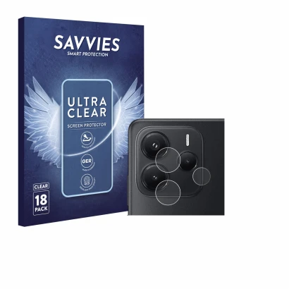 Front side of a product packaging with the brand logo Savvies. Next to it is the device Xiaomi Redmi Note 14 (ONLY Camera Lens