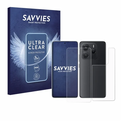 Front side of a product packaging with the brand logo Savvies. Next to it is the device Xiaomi Redmi Note 14 (Front+Back) show