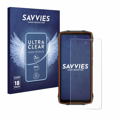 Front side of a product packaging with the brand logo Savvies. Next to it is the device Blackview BV8200 shown with the corres