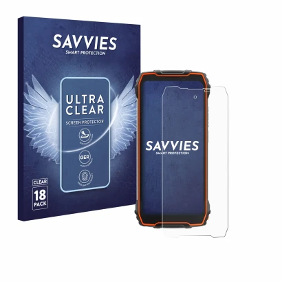 Front side of a product packaging with the brand logo Savvies. Next to it is the device Blackview Oscal Pilot 1 shown with the