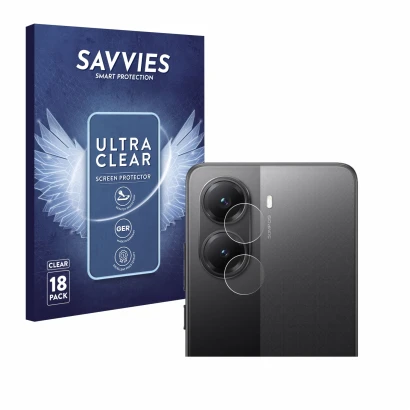 Front side of a product packaging with the brand logo Savvies. Next to it is the device Xiaomi Poco X7 Pro (ONLY Camera Lens) 