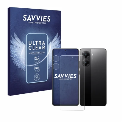Front side of a product packaging with the brand logo Savvies. Next to it is the device Xiaomi Poco X7 Pro (Front+Camera) show
