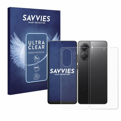 Front side of a product packaging with the brand logo Savvies. Next to it is the device Xiaomi Poco X7 Pro (Front+Back) shown 