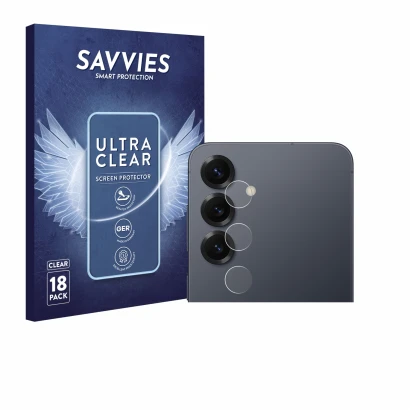 Front side of a product packaging with the brand logo Savvies. Next to it is the device Samsung Galaxy S25 (ONLY Camera Lens) 
