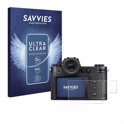 Front side of a product packaging with the brand logo Savvies. Next to it is the device Leica SL3-S (Display + top plate displ