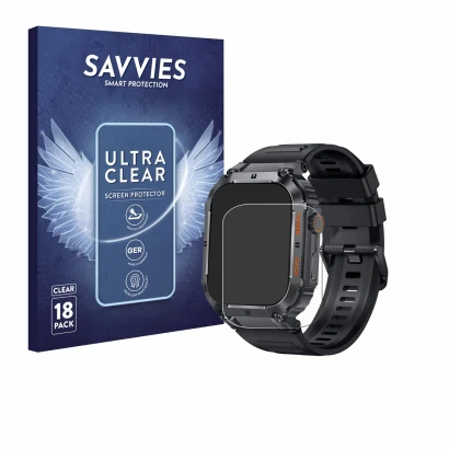 Front side of a product packaging with the brand logo Savvies. Next to it is the device bedee Smartwatch 1.96" shown with the 