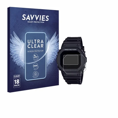 Front side of a product packaging with the brand logo Savvies. Next to it is the device Casio G-Shock DW-5600RL-1 shown with t