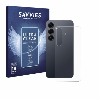 Front side of a product packaging with the brand logo Savvies. Next to it is the device Samsung Galaxy S25 (Back) shown with t