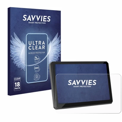 Front side of a product packaging with the brand logo Savvies. Next to it is the device Carpuride W702BS 7" shown with the cor